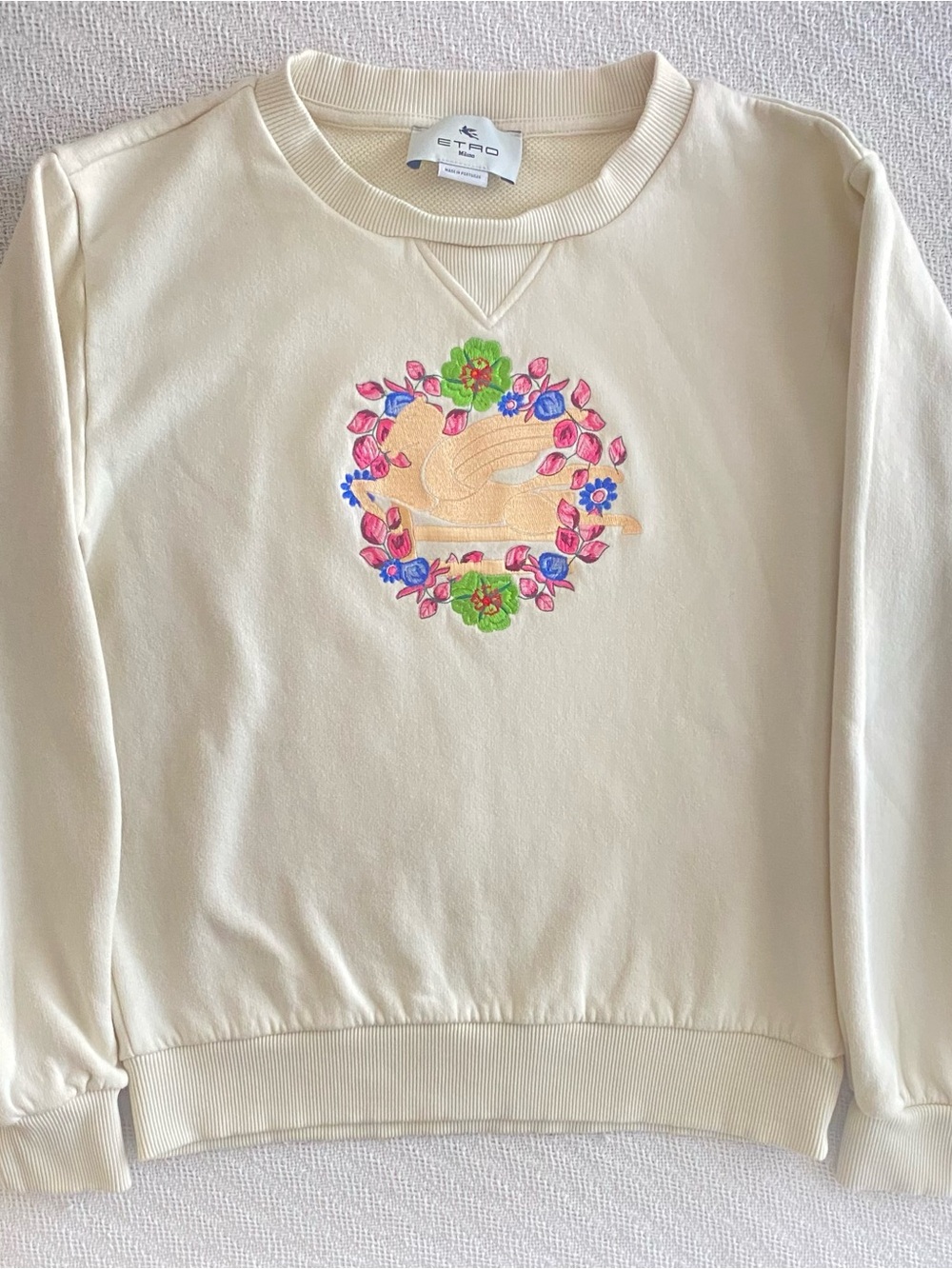 Etro Cream Crewneck Sweatshirt with Multicolor Floral Embroidery